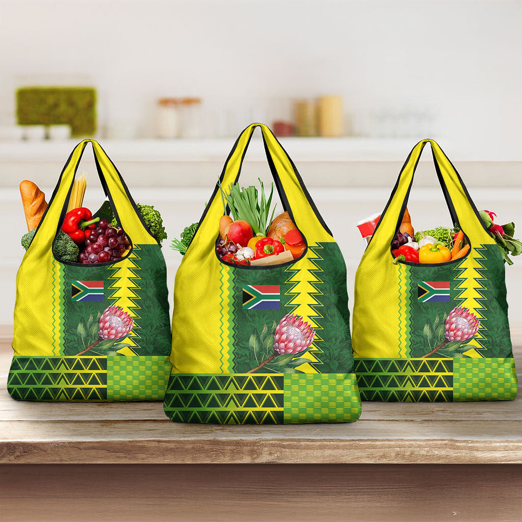 South Africa National Football Grocery Bag King Protea with African Tribal Geometric Pattern Culture Art