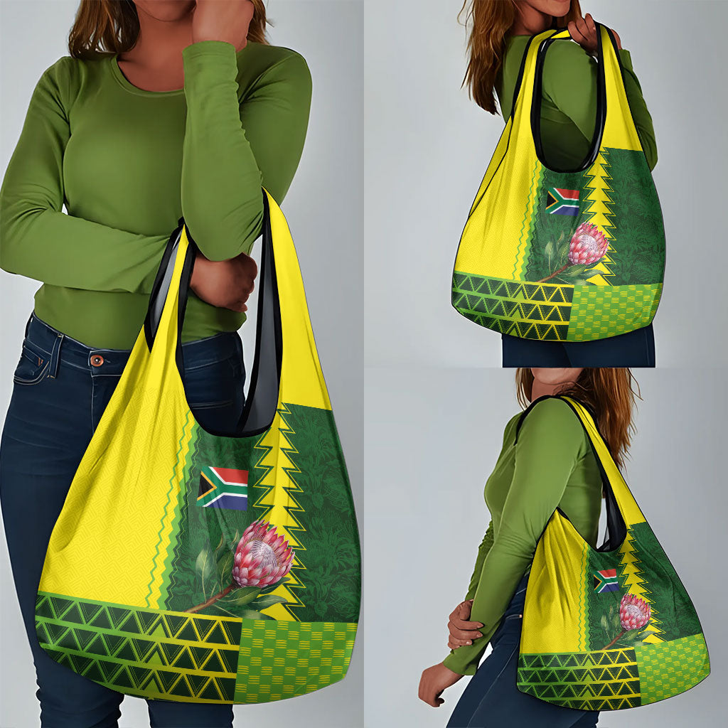 South Africa National Football Grocery Bag King Protea with African Tribal Geometric Pattern Culture Art