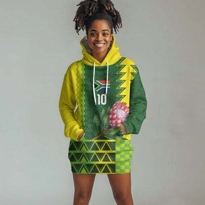 Custom South Africa National Football Hoodie Dress King Protea with African Tribal Geometric Pattern Culture Art