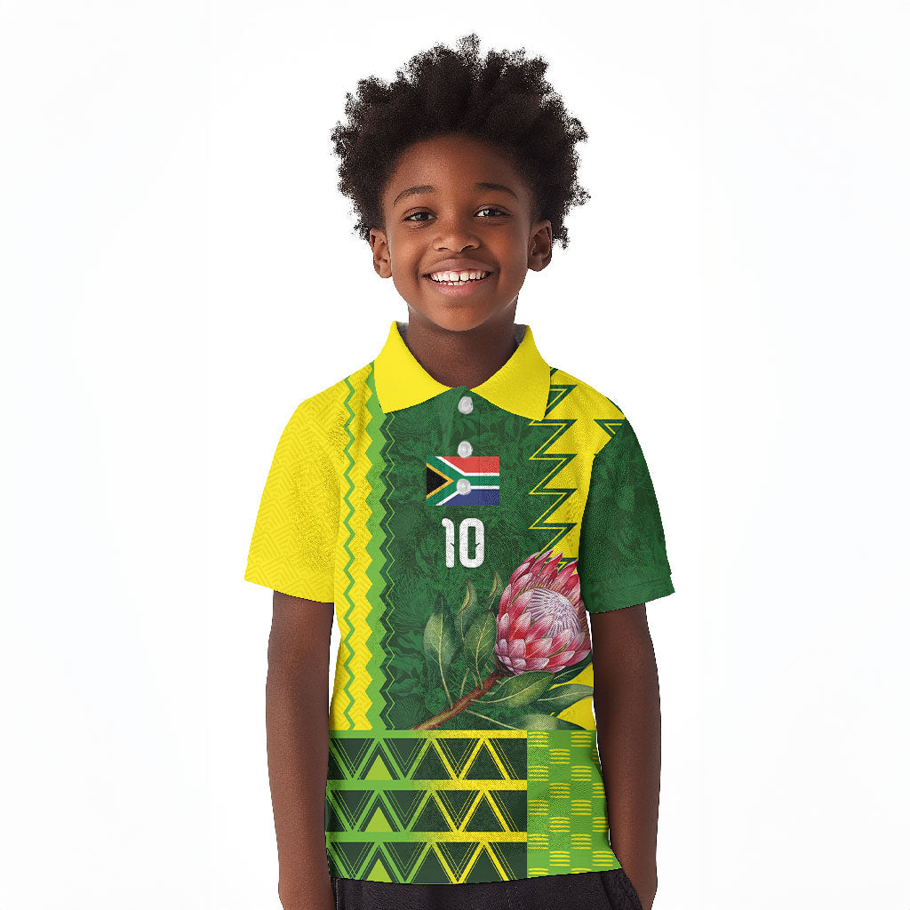 Custom South Africa National Football Kid Polo Shirt King Protea with African Tribal Geometric Pattern Culture Art