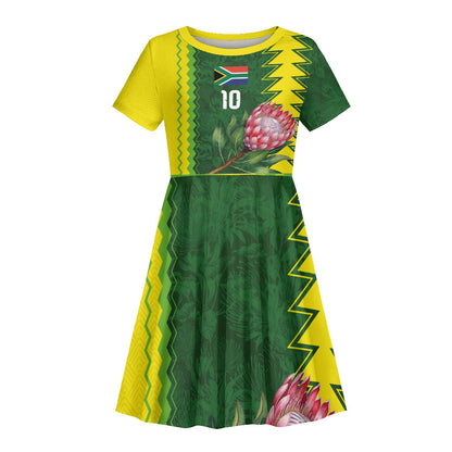 Custom South Africa National Football Kid Short Sleeve Dress King Protea with African Tribal Geometric Pattern Culture Art