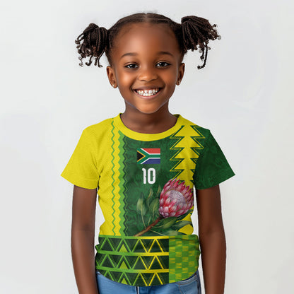 Custom South Africa National Football Kid T shirt King Protea with African Tribal Geometric Pattern Culture Art