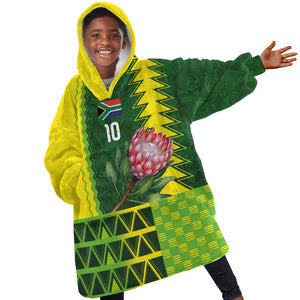 Custom South Africa National Football Kid Wearable Blanket Hoodie King Protea with African Tribal Geometric Pattern Culture Art