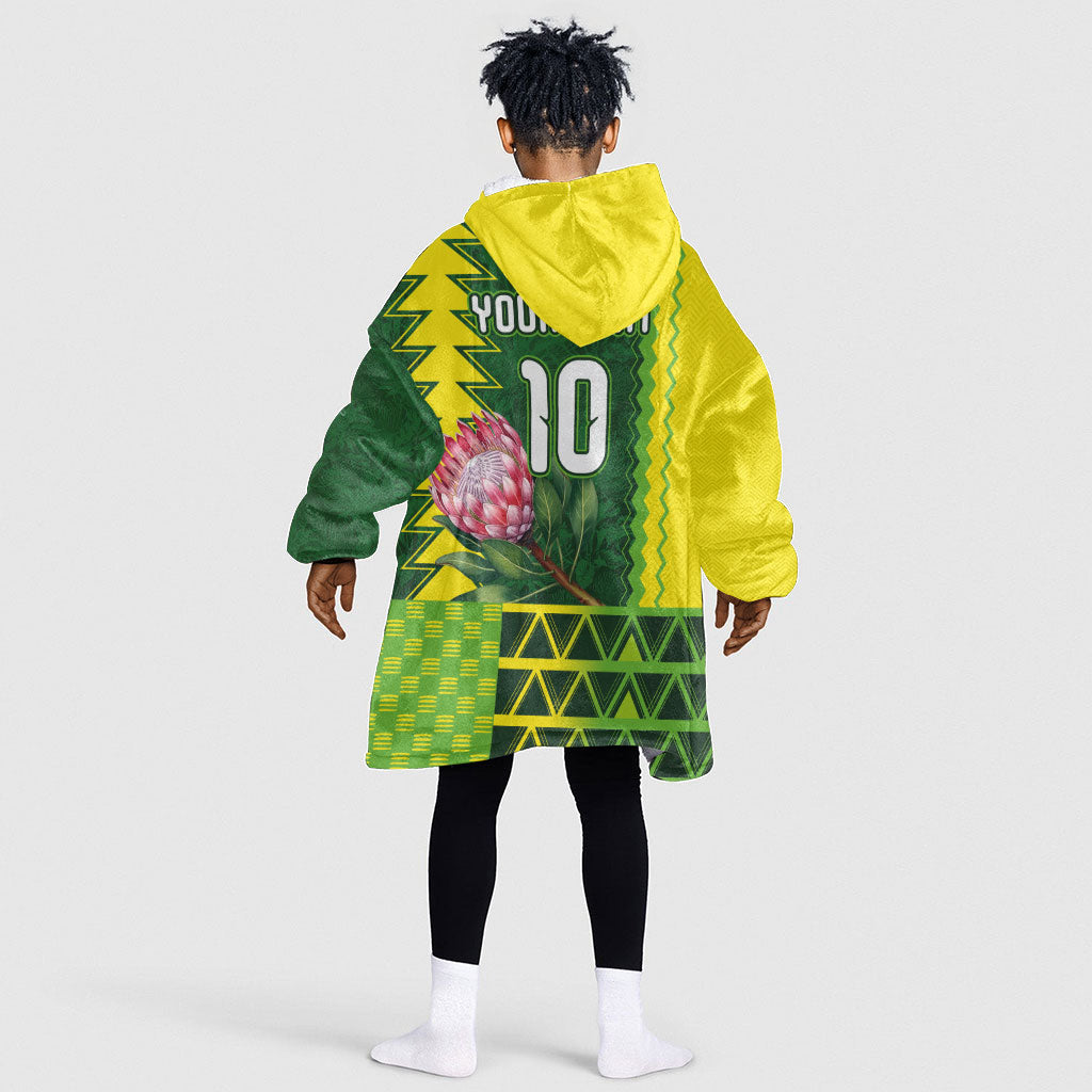 Custom South Africa National Football Kid Wearable Blanket Hoodie King Protea with African Tribal Geometric Pattern Culture Art