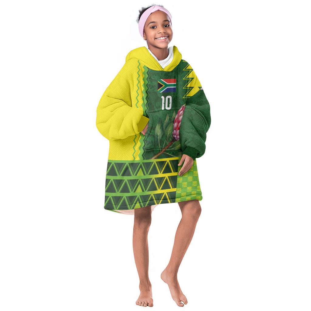 Custom South Africa National Football Kid Wearable Blanket Hoodie King Protea with African Tribal Geometric Pattern Culture Art