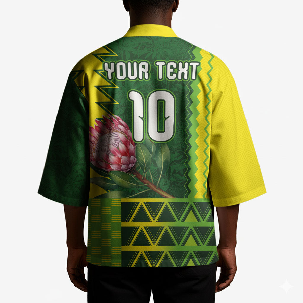 Custom South Africa National Football Kimono King Protea with African Tribal Geometric Pattern Culture Art