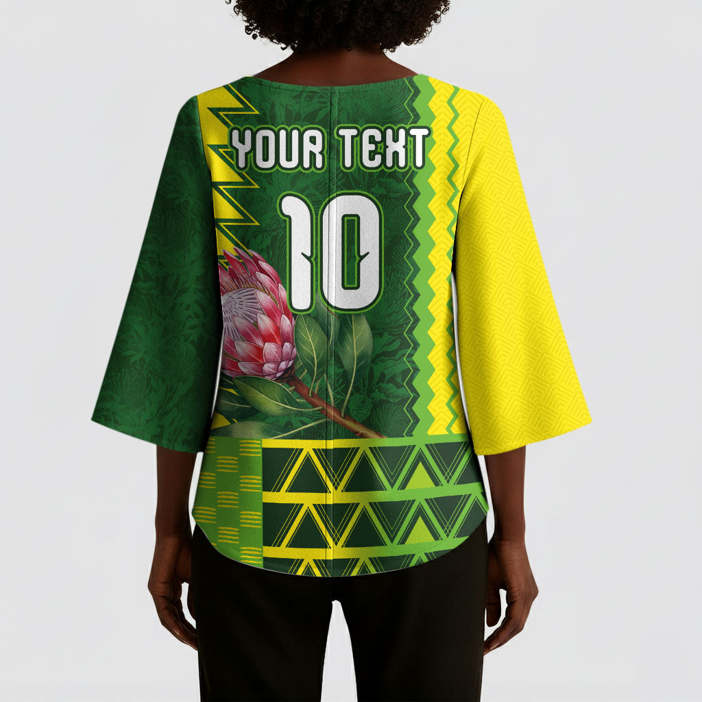 Custom South Africa National Football Kimono Sleeve Blouse King Protea with African Tribal Geometric Pattern Culture Art