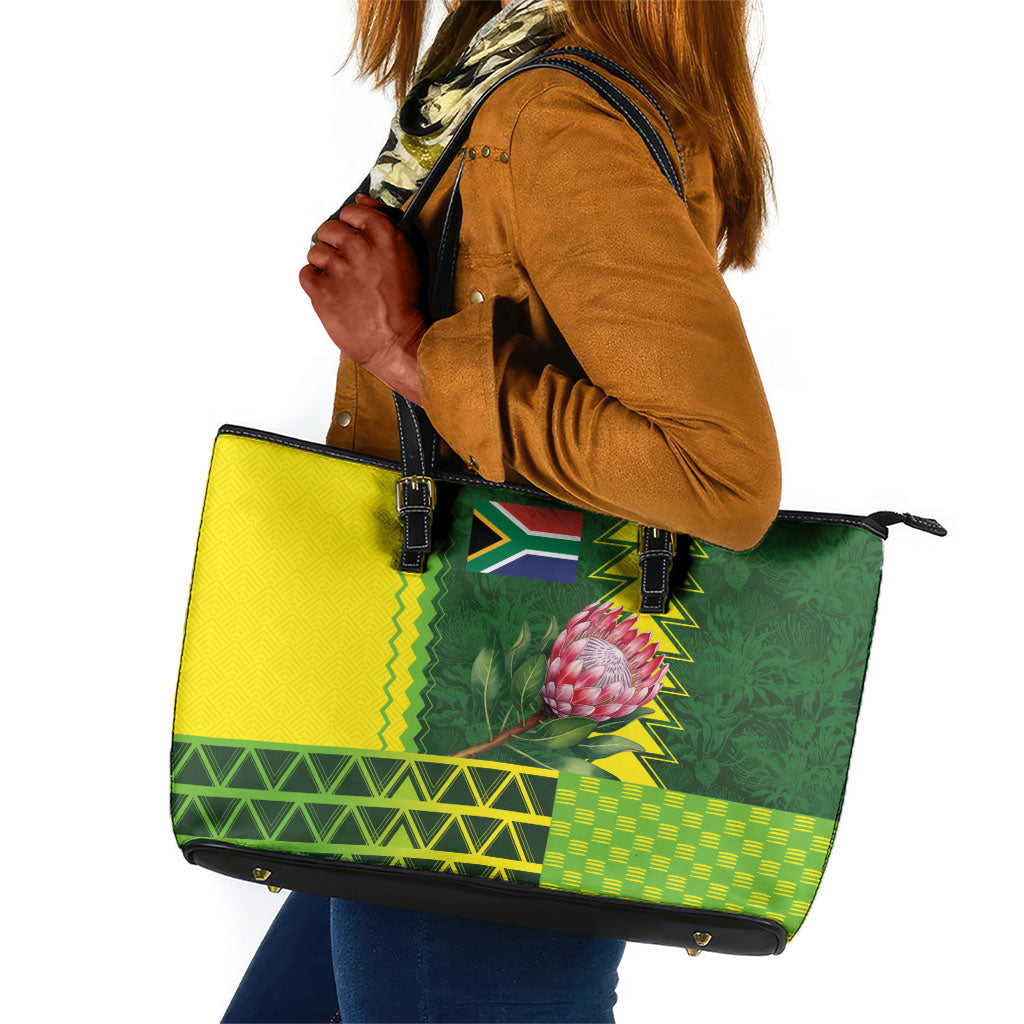 South Africa National Football Leather Tote Bag King Protea with African Tribal Geometric Pattern Culture Art