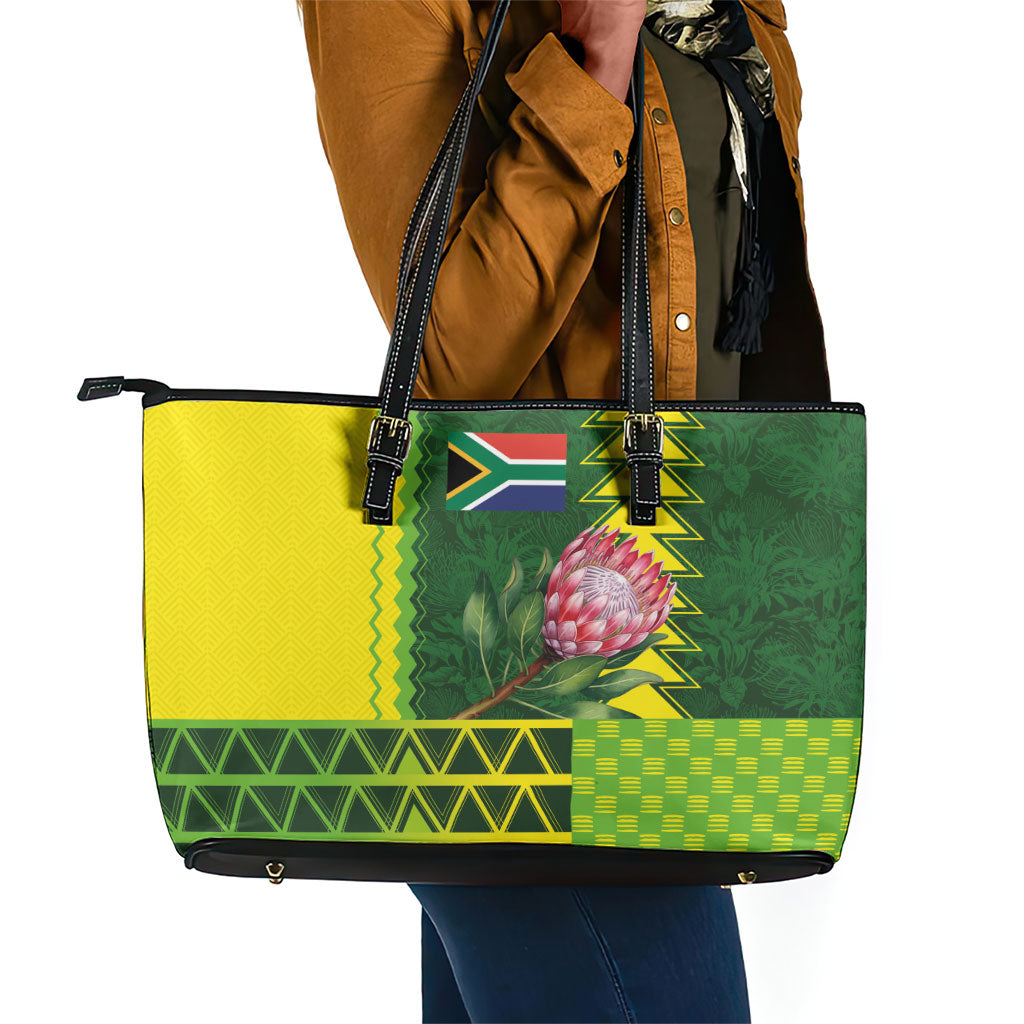 South Africa National Football Leather Tote Bag King Protea with African Tribal Geometric Pattern Culture Art