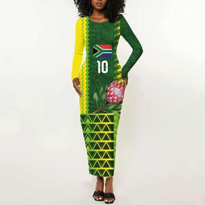 Custom South Africa National Football Long Sleeve Bodycon Dress King Protea with African Tribal Geometric Pattern Culture Art