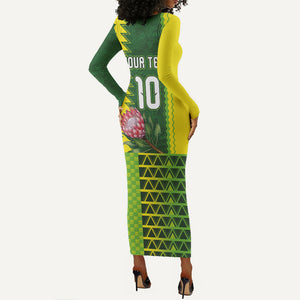 Custom South Africa National Football Long Sleeve Bodycon Dress King Protea with African Tribal Geometric Pattern Culture Art