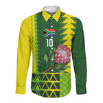 Custom South Africa National Football Long Sleeve Button Shirt King Protea with African Tribal Geometric Pattern Culture Art