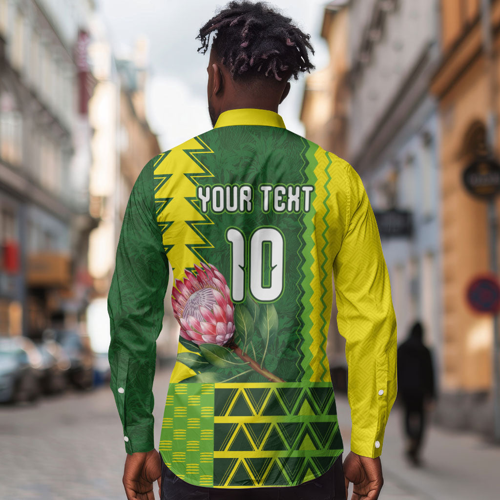 Custom South Africa National Football Long Sleeve Button Shirt King Protea with African Tribal Geometric Pattern Culture Art