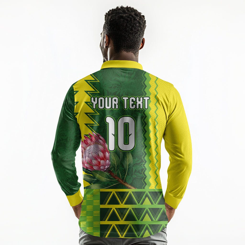 Custom South Africa National Football Long Sleeve Polo Shirt King Protea with African Tribal Geometric Pattern Culture Art