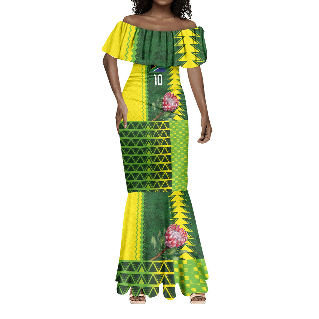 Custom South Africa National Football Mermaid Dress King Protea with African Tribal Geometric Pattern Culture Art