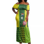 Custom South Africa National Football Off Shoulder Maxi Dress King Protea with African Tribal Geometric Pattern Culture Art