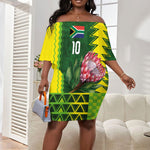 Custom South Africa National Football Off Shoulder Short Dress King Protea with African Tribal Geometric Pattern Culture Art