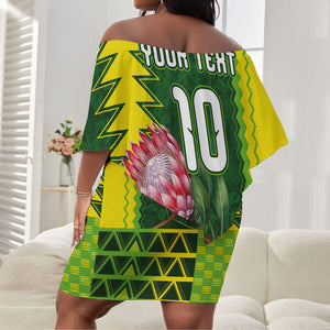 Custom South Africa National Football Off Shoulder Short Dress King Protea with African Tribal Geometric Pattern Culture Art