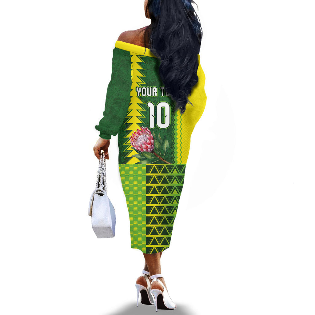 Custom South Africa National Football Off The Shoulder Long Sleeve Dress King Protea with African Tribal Geometric Pattern Culture Art