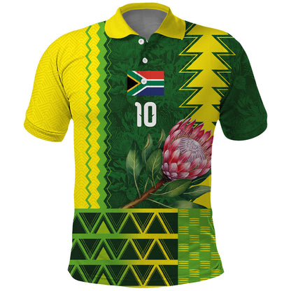 Custom South Africa National Football Polo Shirt King Protea with African Tribal Geometric Pattern Culture Art
