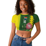Custom South Africa National Football Raglan Cropped T shirt King Protea with African Tribal Geometric Pattern Culture Art