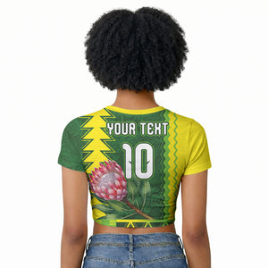 Custom South Africa National Football Raglan Cropped T shirt King Protea with African Tribal Geometric Pattern Culture Art