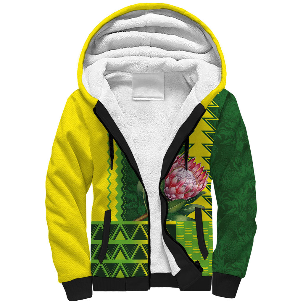 Custom South Africa National Football Sherpa Hoodie King Protea with African Tribal Geometric Pattern Culture Art