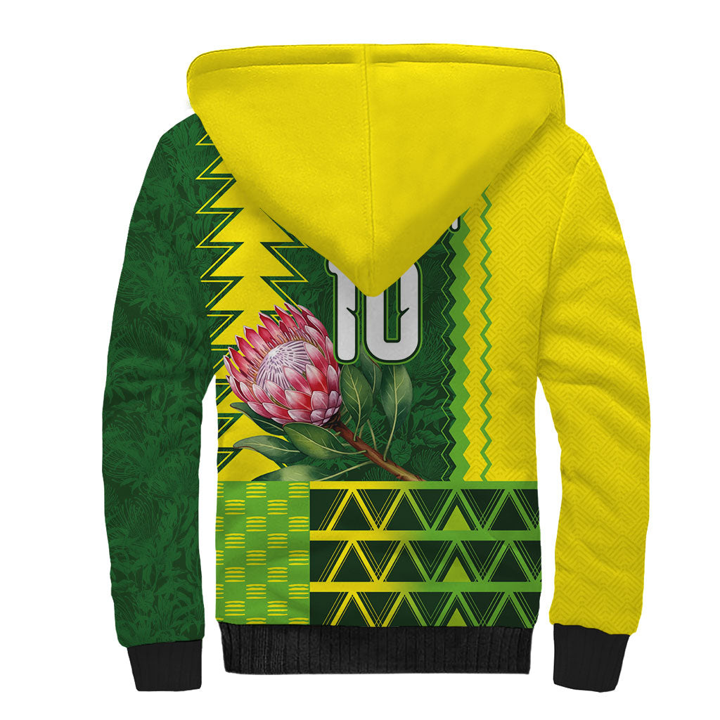 Custom South Africa National Football Sherpa Hoodie King Protea with African Tribal Geometric Pattern Culture Art