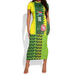 Custom South Africa National Football Short Sleeve Bodycon Dress King Protea with African Tribal Geometric Pattern Culture Art