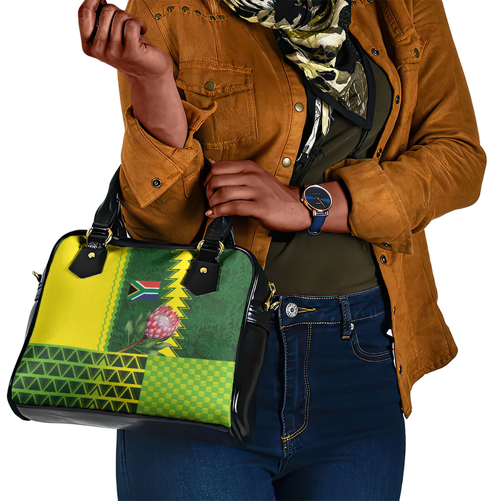 South Africa National Football Shoulder Handbag King Protea with African Tribal Geometric Pattern Culture Art