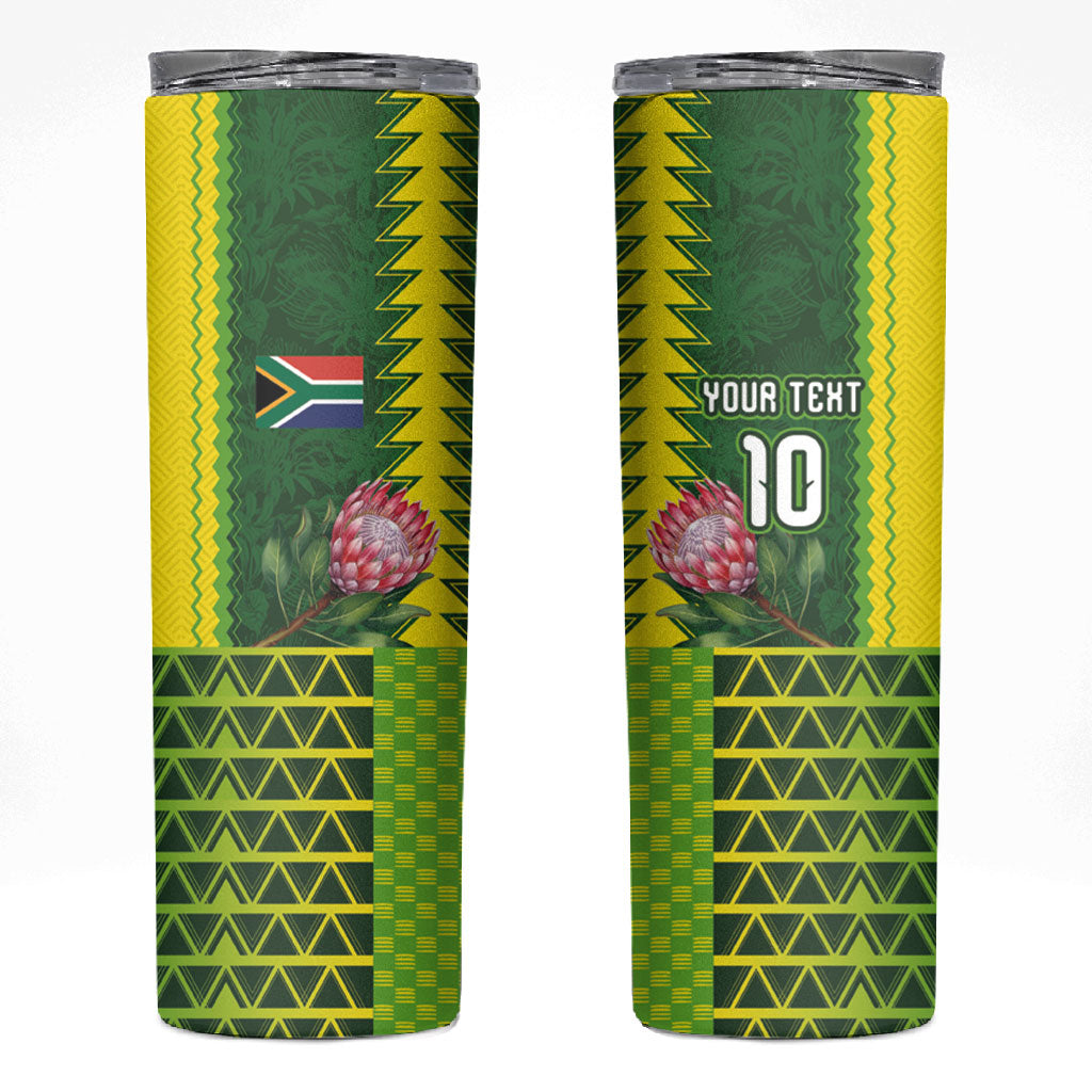 Custom South Africa National Football Skinny Tumbler King Protea with African Tribal Geometric Pattern Culture Art