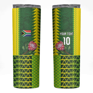Custom South Africa National Football Skinny Tumbler King Protea with African Tribal Geometric Pattern Culture Art