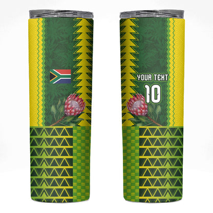 Custom South Africa National Football Skinny Tumbler King Protea with African Tribal Geometric Pattern Culture Art