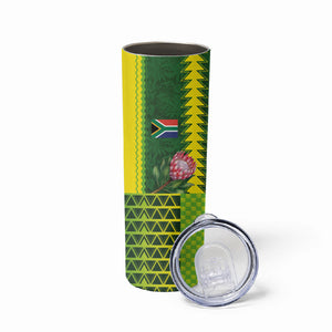 Custom South Africa National Football Skinny Tumbler King Protea with African Tribal Geometric Pattern Culture Art