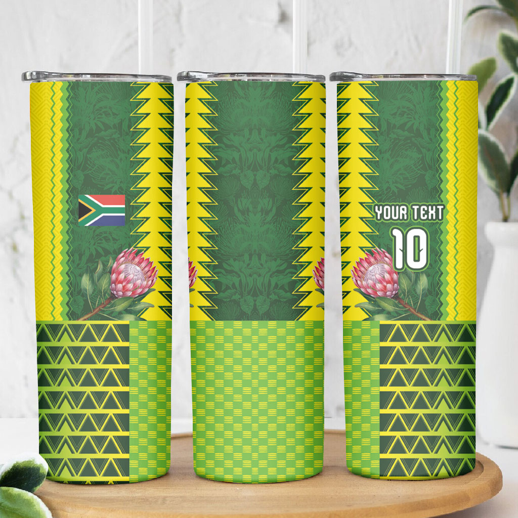 Custom South Africa National Football Skinny Tumbler King Protea with African Tribal Geometric Pattern Culture Art