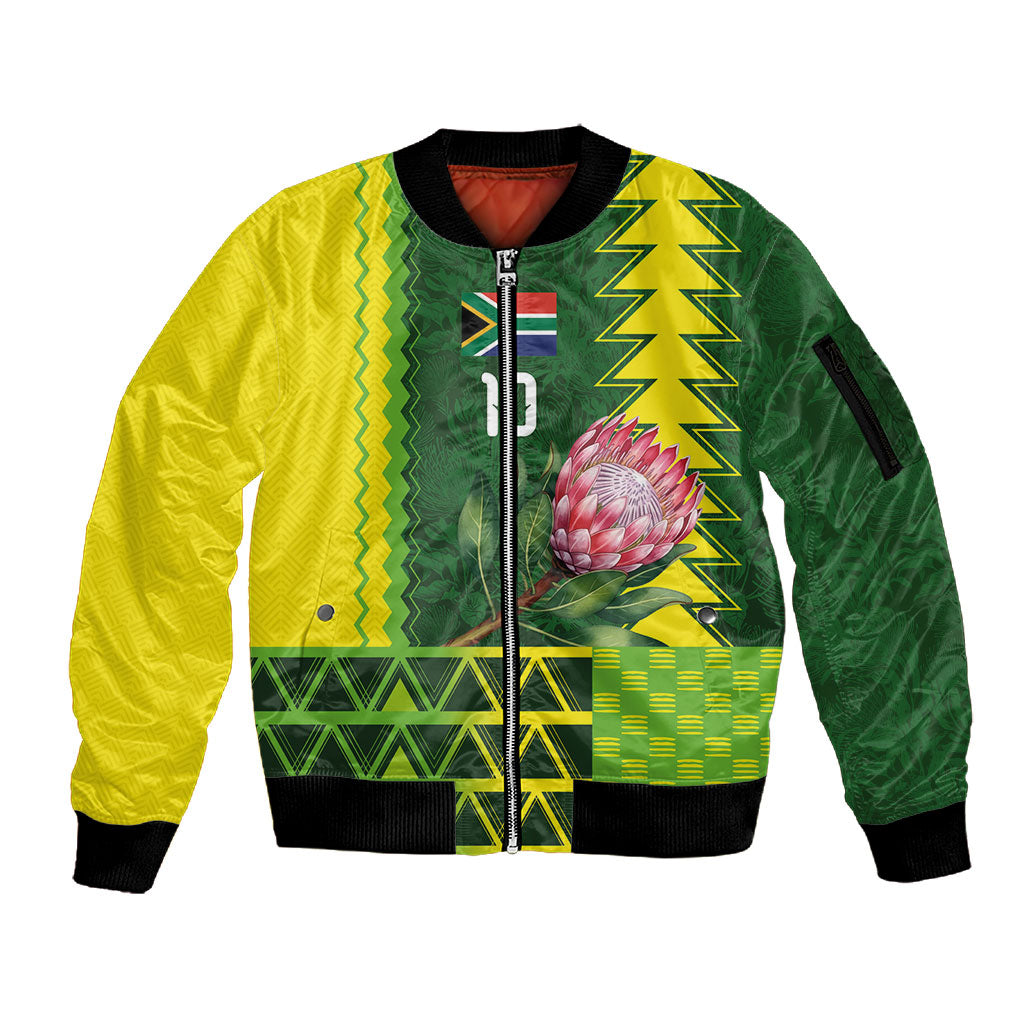 Custom South Africa National Football Sleeve Zip Bomber Jacket King Protea with African Tribal Geometric Pattern Culture Art