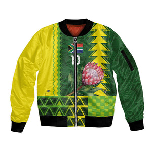 Custom South Africa National Football Sleeve Zip Bomber Jacket King Protea with African Tribal Geometric Pattern Culture Art