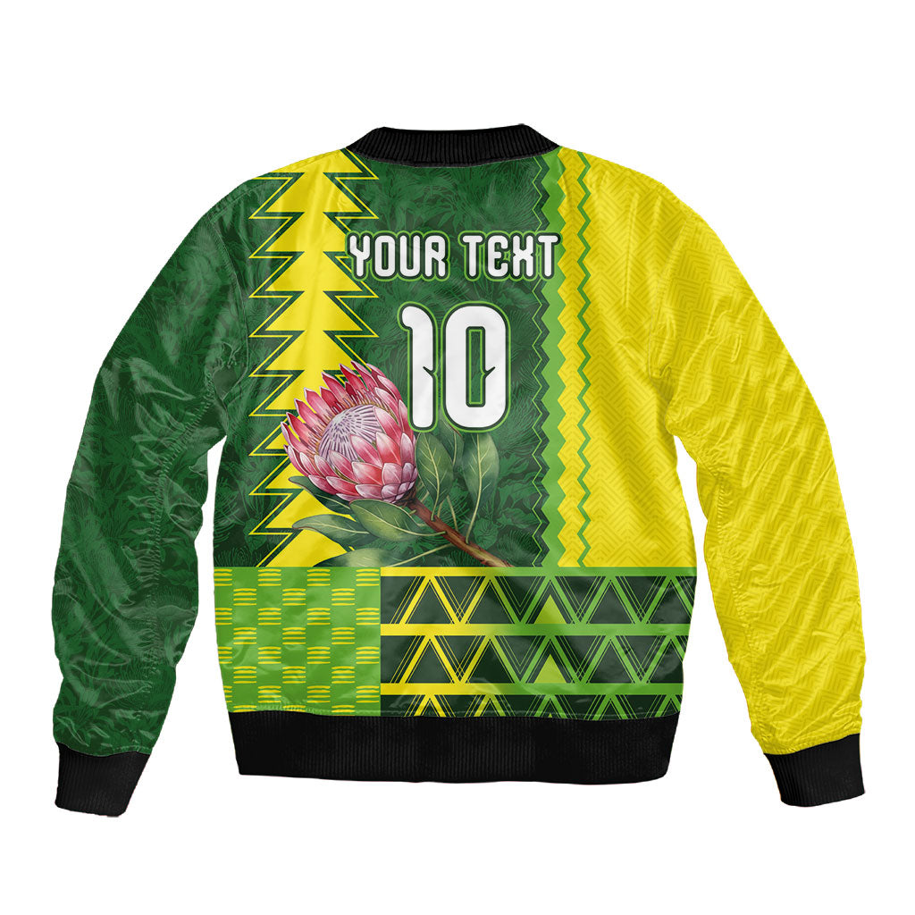 Custom South Africa National Football Sleeve Zip Bomber Jacket King Protea with African Tribal Geometric Pattern Culture Art