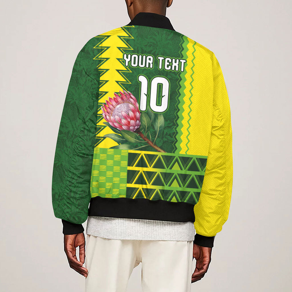 Custom South Africa National Football Sleeve Zip Bomber Jacket King Protea with African Tribal Geometric Pattern Culture Art