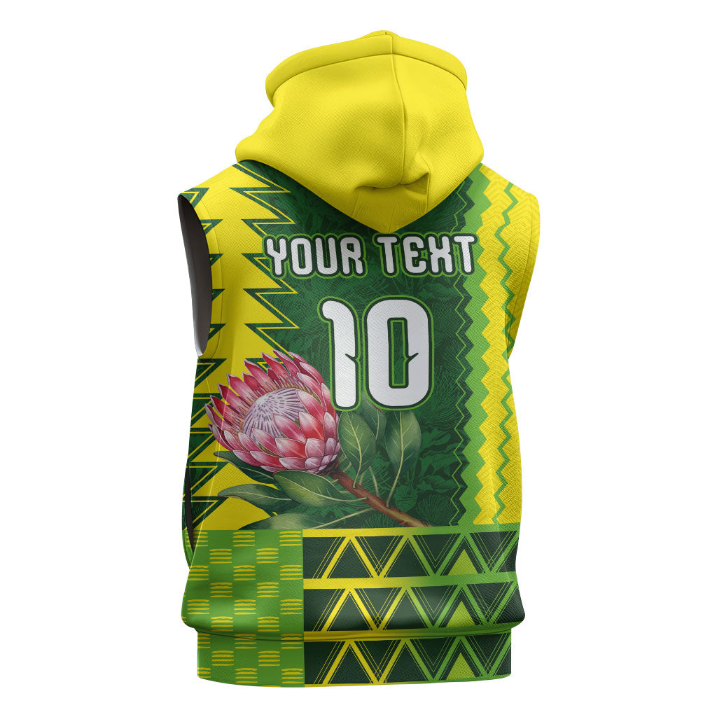 Custom South Africa National Football Sleeveless Hoodie King Protea with African Tribal Geometric Pattern Culture Art