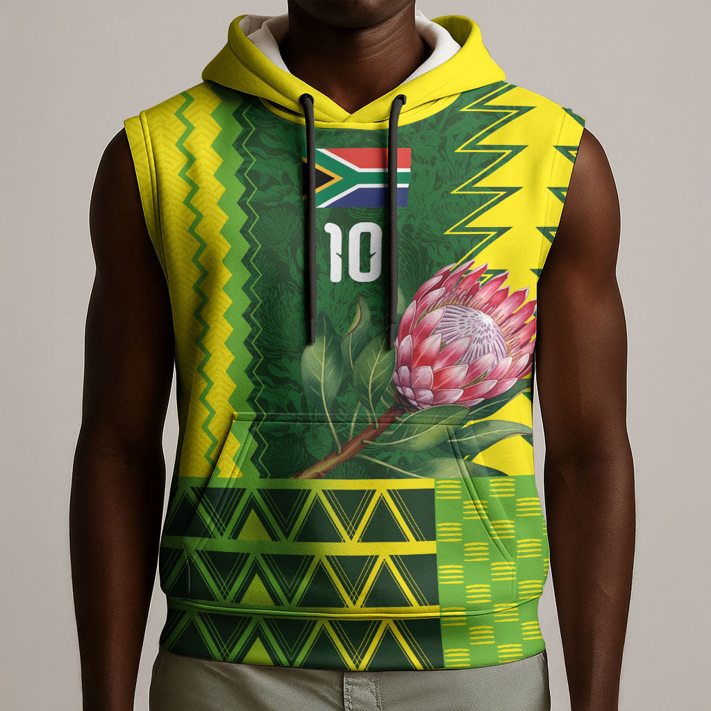 Custom South Africa National Football Sleeveless Hoodie King Protea with African Tribal Geometric Pattern Culture Art