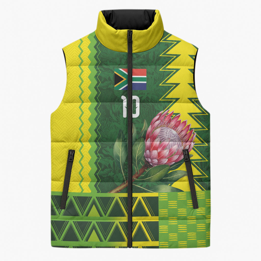 Custom South Africa National Football Sleeveless Puffer Jacket King Protea with African Tribal Geometric Pattern Culture Art