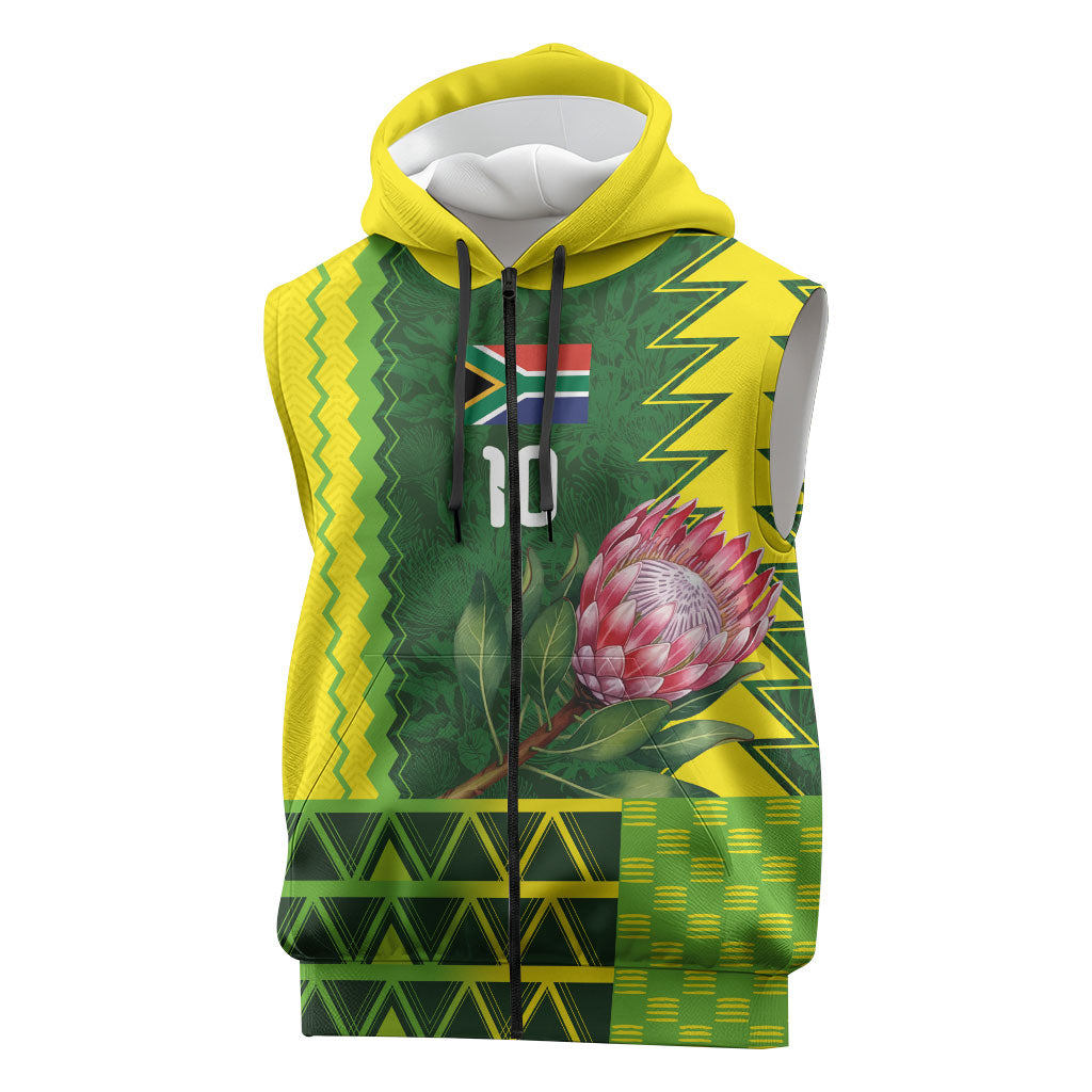 Custom South Africa National Football Sleeveless Zip Hoodie King Protea with African Tribal Geometric Pattern Culture Art