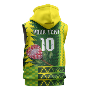 Custom South Africa National Football Sleeveless Zip Hoodie King Protea with African Tribal Geometric Pattern Culture Art
