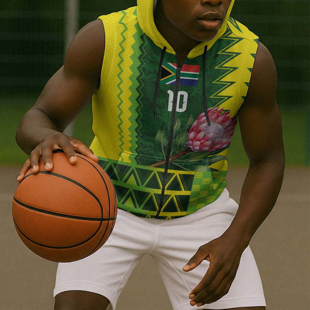 Custom South Africa National Football Sleeveless Zip Hoodie King Protea with African Tribal Geometric Pattern Culture Art
