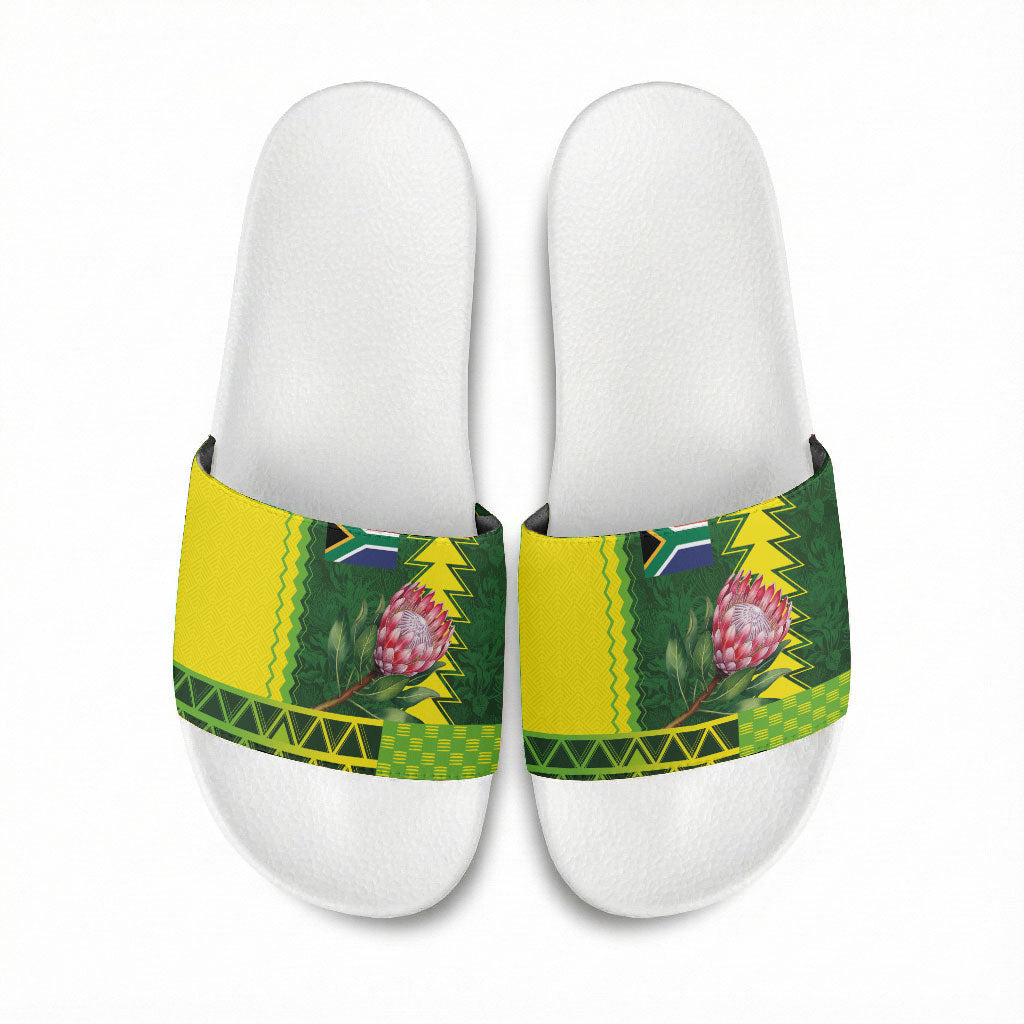 South Africa National Football Slide Sandals King Protea with African Tribal Geometric Pattern Culture Art