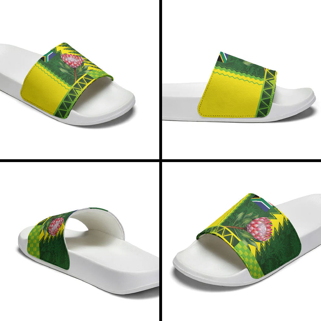 South Africa National Football Slide Sandals King Protea with African Tribal Geometric Pattern Culture Art