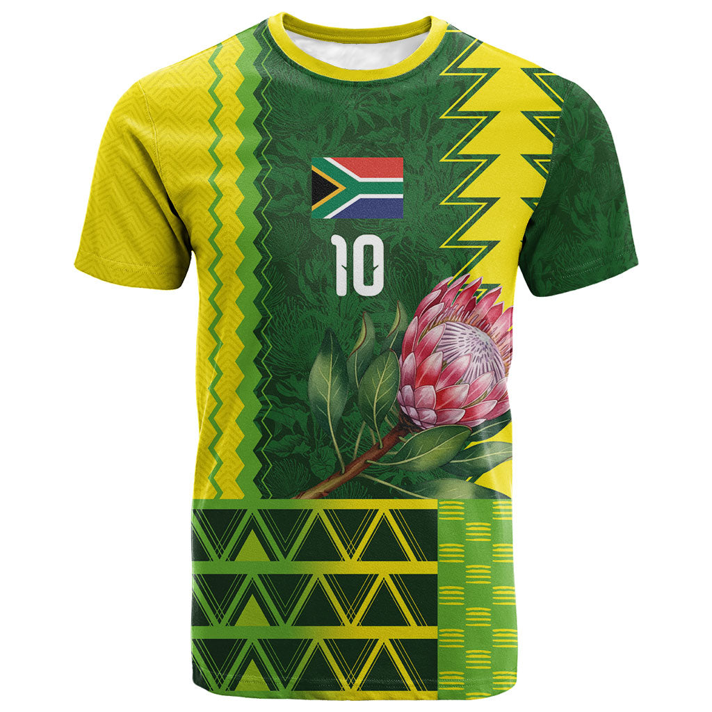 Custom South Africa National Football T shirt King Protea with African Tribal Geometric Pattern Culture Art