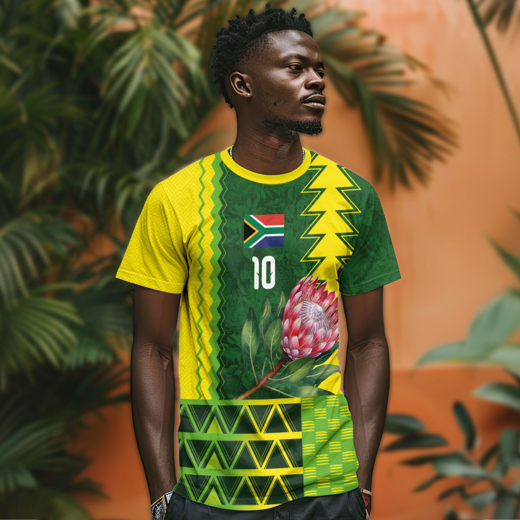 Custom South Africa National Football T shirt King Protea with African Tribal Geometric Pattern Culture Art