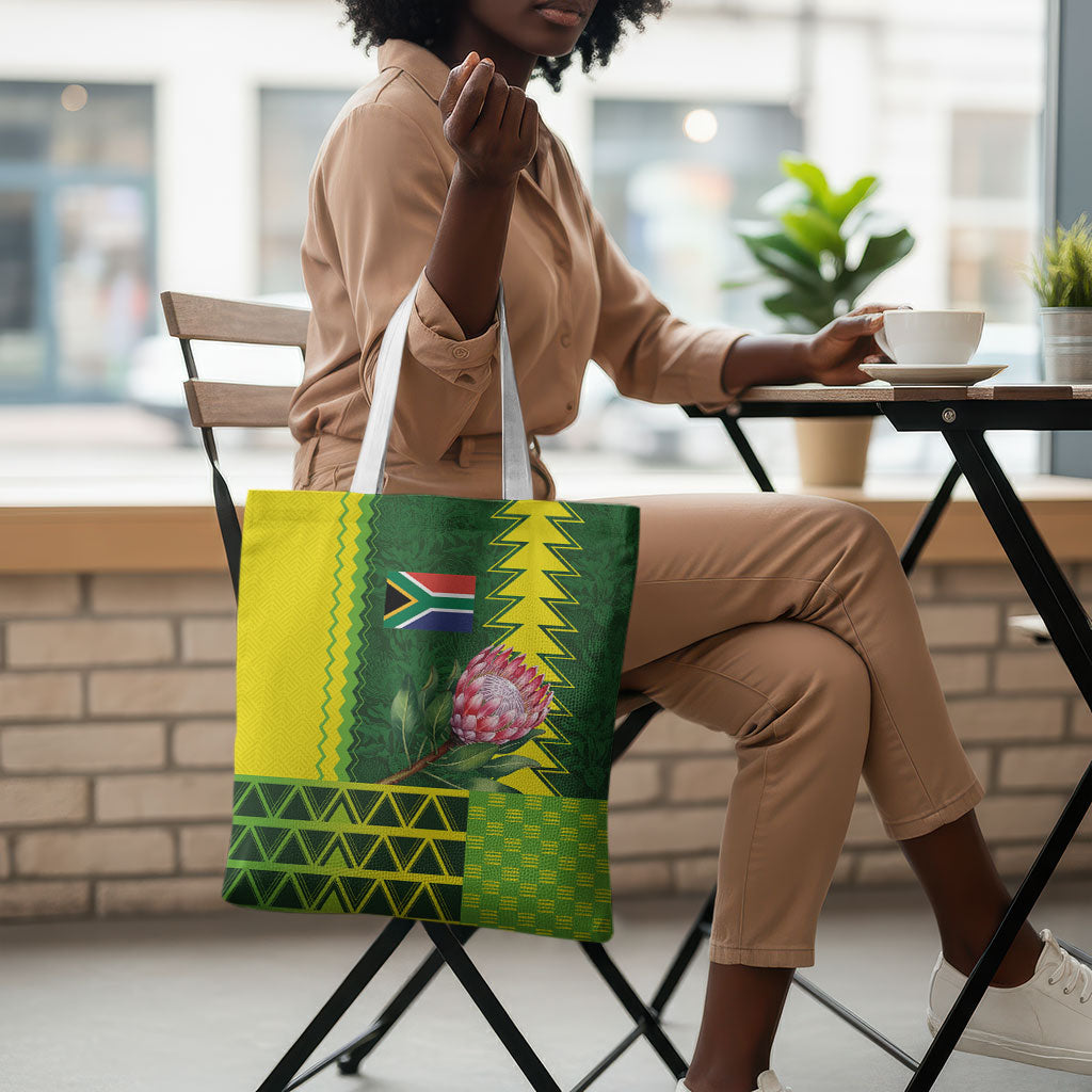 South Africa National Football Tote Bag King Protea with African Tribal Geometric Pattern Culture Art